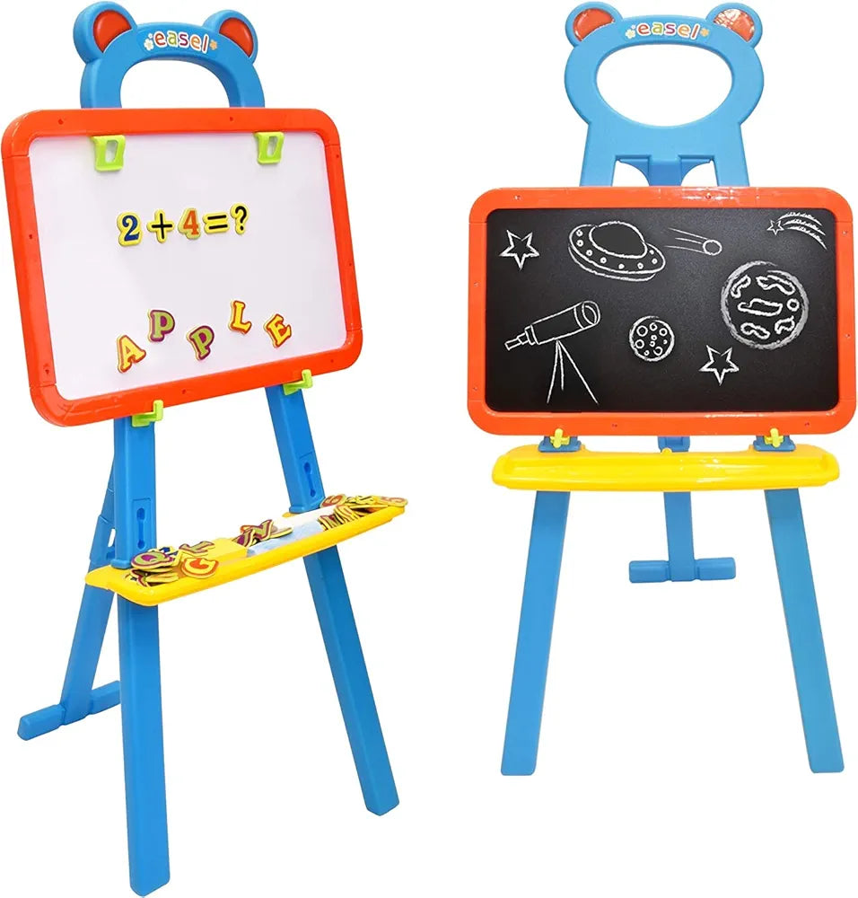 Toyshine Deluxe Standing Easel Board for Kids, 3 in 1 Dry Erase White Board, Magnetic Board and Chalkboard Art Activity Drawing for Artist with Learning Magnetic Alphabet and Numbers, Chalk and Eraser