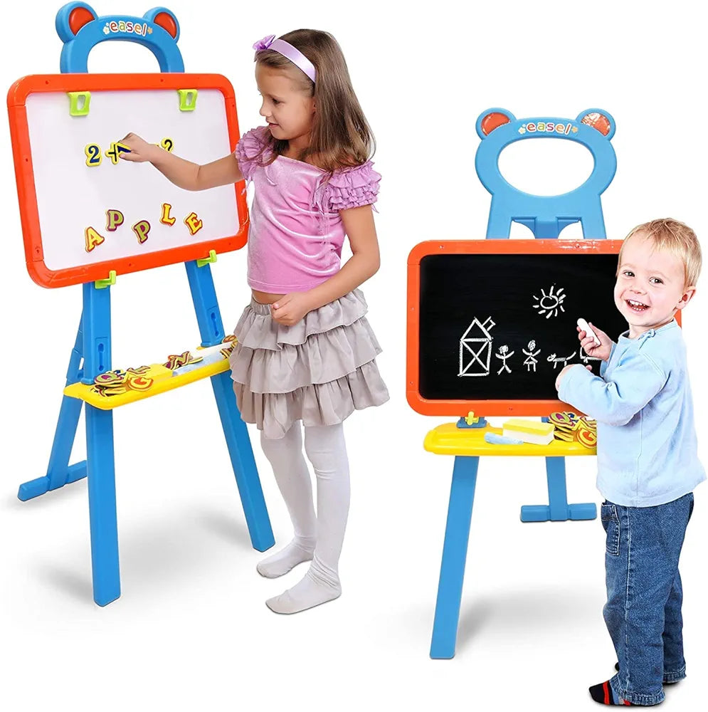 Toyshine Deluxe Standing Easel Board for Kids, 3 in 1 Dry Erase White Board, Magnetic Board and Chalkboard Art Activity Drawing for Artist with Learning Magnetic Alphabet and Numbers, Chalk and Eraser