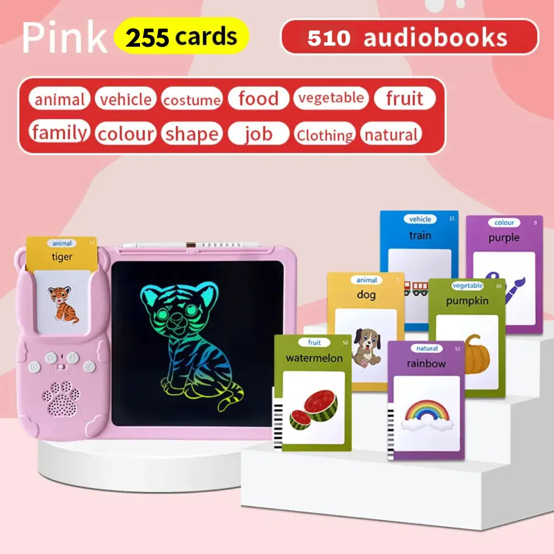 Talking Flash Cards Early Educational Device - KIDZMART Pink-Talking-Flash-Cards-With-Writing-Tablet