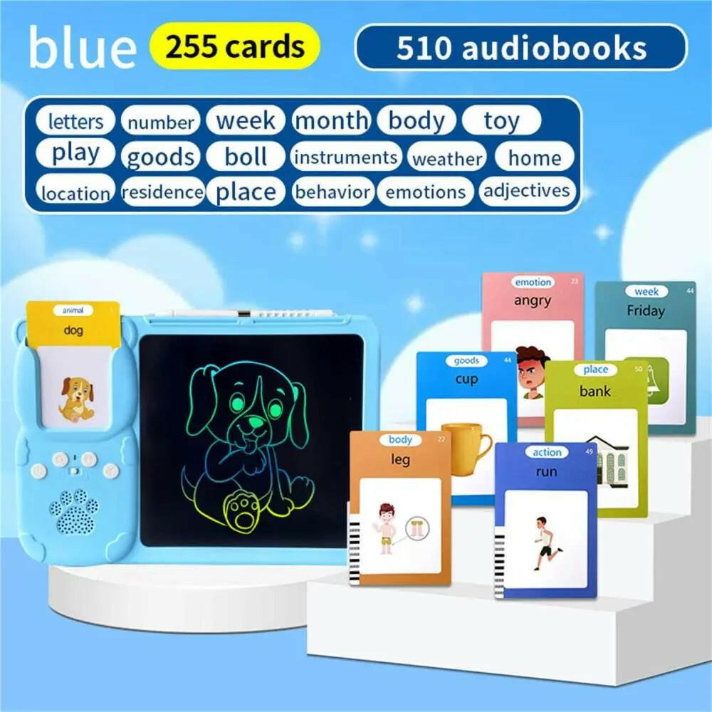 Talking Flash Cards Early Educational Device - KIDZMART Blue-Talking-Flash-Cards-With-Writing-Tablet