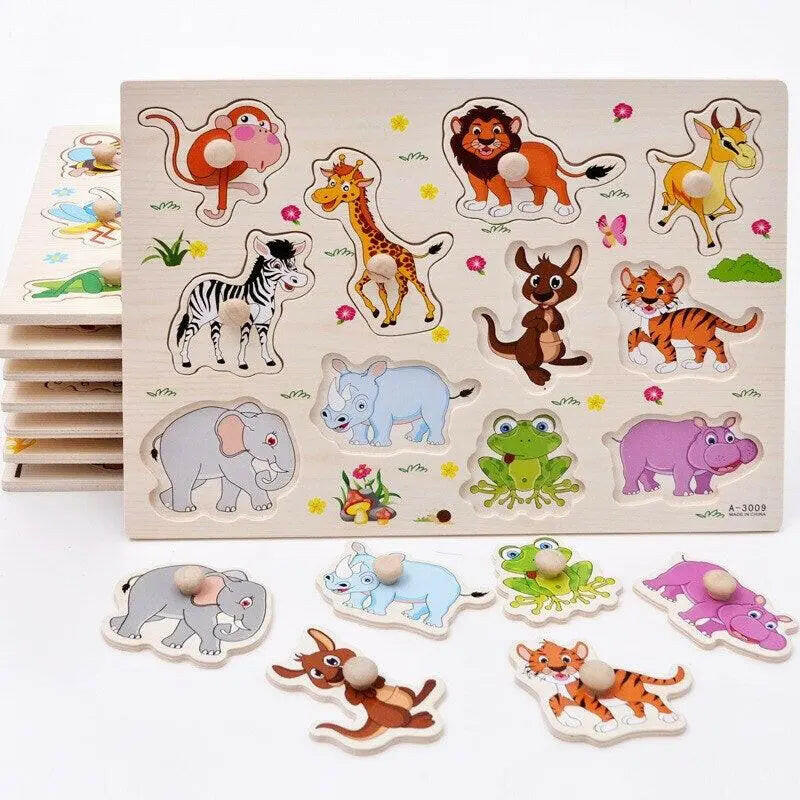 Wooden Alphabet Numbers & Animals Puzzle Block Board - KIDZMART