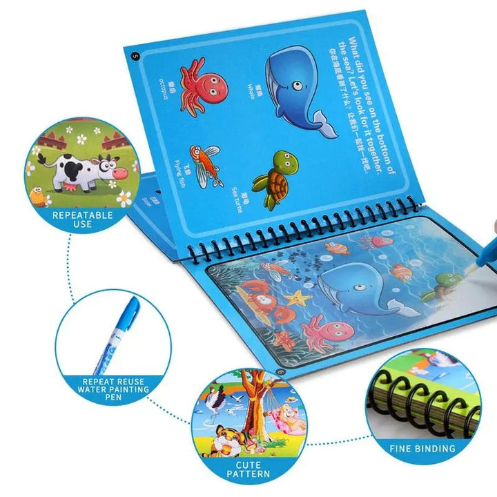 Children Magical Book with Pen Water Drawing Montessori Reusable Book - KIDZMART